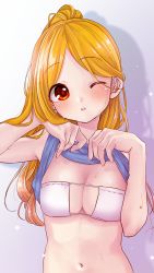 Rule 34 | 1girl, absurdres, bikini, blonde hair, blue shirt, blush, breasts, clothes lift, commentary request, dot nose, eyes visible through hair, grey background, hands up, highres, idolmaster, idolmaster cinderella girls, lifted by self, long hair, looking at viewer, medium breasts, mochizuki hijiri, motu7be1024, navel, one eye closed, parted lips, ponytail, red eyes, shadow, shirt, shirt lift, sleeveless, sleeveless shirt, solo, stomach, swimsuit, wet, white bikini