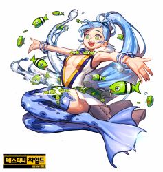 Rule 34 | 1girl, blue hair, bracelet, breasts, cleavage, fins, fish, full body, green eyes, highres, jewelry, legs up, long hair, medium breasts, navel, open mouth, original, ponytail, rinotuna, simple background, sleeveless, smile, solo, very long hair, white background