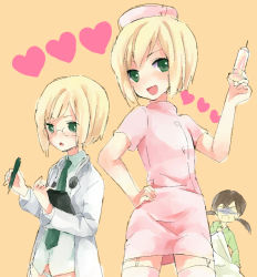 Rule 34 | 3girls, :d, alternate eye color, bad id, bad pixiv id, blonde hair, bob cut, brown hair, collared shirt, erica hartmann, garter straps, gertrud barkhorn, glasses, green eyes, hat, heart, hloox, lab coat, multiple girls, necktie, nurse, nurse cap, open mouth, orange background, panties, pink legwear, shirt, short hair, siblings, simple background, sisters, smile, strike witches, strike witches: suomus misfits squadron, thighhighs, twins, twintails, underwear, ursula hartmann, white panties, world witches series