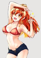 Rule 34 | 1girl, arm up, bare arms, bare shoulders, bikini, blue shorts, breasts, character request, cleavage, copyright request, cowboy shot, double v, fang, gradient hair, halterneck, hand up, highres, kitsune yuki, long hair, looking at viewer, medium breasts, micro shorts, mismatched bikini, multicolored hair, navel, open mouth, ponytail, red hair, shorts, sidelocks, smile, solo, star (symbol), swimsuit, v, yellow eyes
