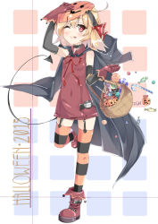 Rule 34 | 10s, 1girl, 2015, alternate costume, arm up, basket, beritabo, black gloves, blonde hair, blush, boots, candy, cape, choker, dress, elbow gloves, food, full body, garter straps, gloves, hair ornament, hair ribbon, halloween, halloween costume, lollipop, looking at viewer, mask, multicolored clothes, multicolored legwear, one eye closed, red eyes, red gloves, ribbon, rumia, short hair, sleeveless, smile, solo, striped clothes, striped thighhighs, sweets, thighhighs, tongue, tongue out, touhou, zettai ryouiki