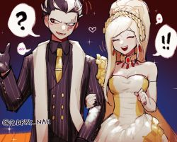 Rule 34 | !, !!, 1boy, 1girl, :d, ?, bare shoulders, barry nah, black hair, black jacket, black shirt, blonde hair, braid, breasts, buttons, cleavage, closed eyes, collarbone, commentary request, danganronpa (series), danganronpa 10th anniversary costume, danganronpa 2: goodbye despair, double-breasted, dress, gloves, grey eyes, grey hair, hand up, heart, heterochromia, holding another&#039;s arm, jacket, large breasts, long hair, long sleeves, lower teeth only, multicolored hair, necktie, official alternate costume, open mouth, ponytail, red eyes, russian commentary, scarf, shirt, short hair, sketch, smile, sonia nevermind, sparkle, spoken exclamation mark, spoken heart, spoken question mark, strapless, strapless dress, tanaka gundham, teeth, tie clip, twitter username, upper teeth only, white dress