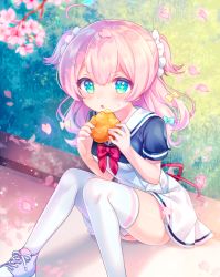 Rule 34 | + +, 1girl, ahoge, bad id, bad pixiv id, blue bow, blue eyes, blue shirt, blurry, blurry foreground, blush, bow, branch, breasts, cherry blossoms, commentary request, day, depth of field, dress, flower, food, hair between eyes, hair bow, holding, holding food, komachi pochi, long hair, looking at viewer, original, outdoors, parted lips, petals, pink flower, pink hair, purple footwear, sailor collar, shirt, shoes, short sleeves, sitting, small breasts, solo, sweat, thighhighs, two side up, white dress, white sailor collar, white thighhighs, yellow bow