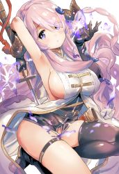 Rule 34 | 10s, 1girl, arm up, armpits, asymmetrical gloves, belt, black gloves, black thighhighs, blue eyes, boots, braid, breasts, bug, butterfly, demon horns, draph, elbow gloves, eyes visible through hair, female focus, fingerless gloves, gloves, granblue fantasy, hair ornament, hair over one eye, holding, holding sword, holding weapon, horns, insect, katana, large breasts, light purple hair, long hair, looking at viewer, mismatched gloves, narmaya (granblue fantasy), on one knee, pointy ears, scabbard, sheath, sideboob, single braid, single thighhigh, solo, sword, tassel, tetsujin momoko, thigh strap, thighhighs, unsheathed, very long hair, weapon