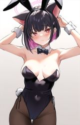 Rule 34 | 1girl, alternate costume, animal ears, areola slip, armpits, bare shoulders, black bow, black bowtie, black hair, black hairband, black leotard, black pantyhose, blue archive, blush, bow, bowtie, breasts, cameltoe, cleavage, closed mouth, commentary, covered navel, detached collar, duplicate, fake animal ears, fake tail, gradient background, grey background, hairband, halo, highres, kazusa (blue archive), leotard, looking at viewer, marisasu (marisa0904), medium breasts, multicolored hair, pantyhose, pink hair, pixel-perfect duplicate, playboy bunny, rabbit ears, rabbit tail, red eyes, short hair, simple background, solo, symbol-only commentary, tail, wrist cuffs