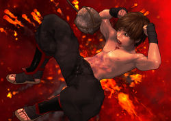 Rule 34 | 1boy, abs, amakusa hiroshi, blood, blood on face, brown eyes, brown hair, child, clenched hand, fire, injury, male focus, muscular, navel, ninja, nipples, original, pants, sandals, topless male, solo, tagme