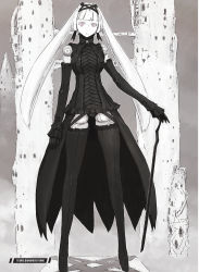 Rule 34 | 1girl, absurdres, alternate language, android, black dress, black gloves, black ribbon, character name, dress, english text, gloves, gothic lolita, hard-translated, highres, joints, limited palette, lolita fashion, long hair, nihei tsutomu, ningyou no kuni, official art, pink eyes, ribbon, robot joints, ruins, showgirl skirt, standing, thighhighs, third-party edit, twintails, white hair, zettai ryouiki
