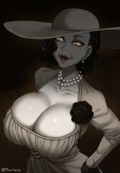 Rule 34 | 1girl, alcina dimitrescu, black gloves, black hair, breasts, cleavage, dress, gloves, glowing, glowing eyes, hat, huge breasts, jewelry, mature female, necklace, pale skin, pearl necklace, red lips, reference work, resident evil, resident evil village, solo, sun hat, twrlare, vampire, veins, veiny breasts, white dress, white hair, white hat, white neckwear