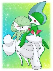 Rule 34 | 1boy, 1girl, arms at sides, artist name, blue hair, blush, bob cut, border, closed mouth, colored skin, creatures (company), drop shadow, full body, gallade, game freak, gardevoir, gen 3 pokemon, gen 4 pokemon, gradient background, green background, green hair, green skin, hair between eyes, hair over one eye, hands up, happy, highres, legs, light blush, looking at another, looking to the side, meru (mer milky77), mohawk, multicolored hair, multicolored skin, nintendo, one eye closed, one eye covered, outside border, own hands together, pokemon, pokemon (creature), red eyes, short hair, signature, smile, sparkle, standing, twitter username, two-tone hair, two-tone skin, white border, white skin