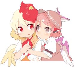Rule 34 | 2girls, animal, animal ears, animal on head, bird, bird wings, blonde hair, brown eyes, brown headwear, chick, commentary request, earrings, eye contact, feathered wings, hat, holding hands, ini (inunabe00), jewelry, looking at another, multicolored hair, multiple girls, mystia lorelei, niwatari kutaka, no pupils, on head, pink hair, puffy short sleeves, puffy sleeves, red eyes, red hair, short hair, short sleeves, simple background, touhou, two-tone hair, upper body, white background, winged hat, wings