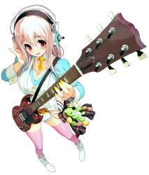 Rule 34 | 1girl, blush, breasts, cleavage, detached collar, fingernails, guitar, headphones, highres, instrument, large breasts, long hair, looking at viewer, nail polish, necktie, nitroplus, open mouth, pink eyes, pink hair, smile, solo, super sonico, thighhighs, tsuji santa