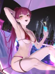 Rule 34 | 1girl, absurdres, armpits, bare shoulders, bikini, blush, breasts, cleavage, commentary request, cup, drinking glass, drinking straw, earrings, halterneck, heart, heart earrings, heart necklace, heterochromia, high ponytail, highres, holding, holding cup, hololive, houshou marine, houshou marine (summer), jewelry, long hair, looking at viewer, medium breasts, navel, necklace, night, night sky, o-ring, o-ring thigh strap, official alternate costume, open mouth, pool, rasa k, red bikini, red eyes, red hair, sitting, sky, smile, solo, string bikini, swimsuit, teeth, thigh strap, thighs, upper teeth only, very long hair, virtual youtuber, yellow eyes