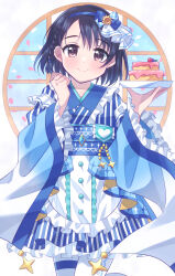 Rule 34 | 1girl, apron, black hair, blue hairband, blue kimono, blue ribbon, blue sash, blush, braid, breasts, brown eyes, cake, clenched hand, closed mouth, commentary, cowboy shot, dot nose, falling petals, food, frilled apron, frilled kimono, frills, hair ribbon, hairband, hakkaumai, hands up, highres, holding, holding plate, idolmaster, idolmaster cinderella girls, idolmaster cinderella girls starlight stage, japanese clothes, kimono, lawson, long sleeves, looking at viewer, obi, obiage, obijime, petals, plate, ribbon, round window, sasaki chie, sash, short hair, small breasts, smile, solo, standing, striped clothes, striped kimono, waist apron, white apron, wide sleeves, window