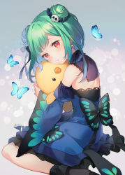 Rule 34 | 1girl, animal, black footwear, blue dress, blue sleeves, boots, bug, butterfly, commentary request, detached sleeves, double bun, dress, green hair, hair bun, hair ornament, highres, hololive, hugging object, insect, juliet sleeves, long sleeves, puffy sleeves, red eyes, shinia, sitting, skull hair ornament, sleeveless, sleeveless dress, sleeves past wrists, solo, stuffed animal, stuffed toy, uruha rushia, uruha rushia (1st costume), virtual youtuber, wariza, wide sleeves
