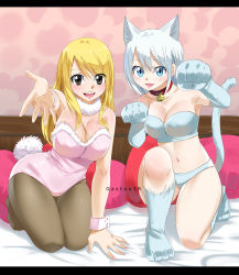 Rule 34 | 2girls, animal ears, animal hands, artist name, bare shoulders, bed, bedroom, bell, blonde hair, blue eyes, blush, bra, breasts, brown eyes, cat ears, cat girl, cat paws, cat tail, cleavage, collar, elbow gloves, facing viewer, fairy tail, gaston18, gloves, happy, highres, indoors, kneeling, large breasts, leg up, leotard, lisanna strauss, long hair, looking at viewer, lucy heartfilia, midriff, multiple girls, navel, open mouth, outstretched arm, panties, pillow, playboy bunny, rabbit tail, room, sitting, smile, tail, teeth, tongue, underwear, wall, white hair