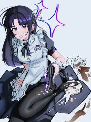 Rule 34 | 1girl, absurdres, awa subaru, black dress, black hair, black pantyhose, black ribbon, blush, broken cup, commentary, dress, earclip, food, food on face, girls band cry, gun, haidao mao, hair ribbon, handgun, highres, holding, holding gun, holding weapon, long hair, looking at viewer, maid, name tag, neck ribbon, open mouth, outline, pantyhose, parted bangs, puffy short sleeves, puffy sleeves, purple eyes, revolver, ribbon, short sleeves, sidelocks, solo, sparkle, translated, weapon, white outline, white ribbon, white wrist cuffs, wrist cuffs