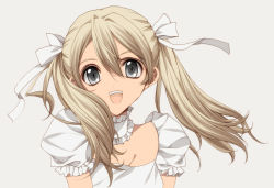 Rule 34 | 1girl, :d, bad id, bad pixiv id, blonde hair, breasts, dress, fangs, gloves, grey background, grey eyes, head tilt, long hair, looking at viewer, misteor, open mouth, original, simple background, small breasts, smile, solo, twintails, very long hair, white dress