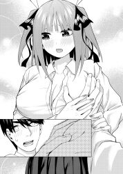 Rule 34 | 1boy, 1girl, assertive female, black hair, black ribbon, blunt bangs, breasts, butterfly hair ornament, cleavage, commentary, couple, embarrassed, eyebrows hidden by hair, eyelashes, fingernails, go-toubun no hanayome, grabbing, grabbing another&#039;s arm, grabbing another&#039;s breast, grabbing another's breast, grey background, guided breast grab, guiding hand, hair ornament, hair ribbon, hetero, highres, kosmos beta, large breasts, long sleeves, looking to the side, medium hair, monochrome, nail polish, nakano nino, open mouth, pov, pov hands, ribbon, short hair, simple background, straight hair, sweatdrop, teeth, two side up, uesugi fuutarou, wide-eyed