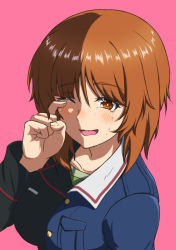 Rule 34 | 1girl, ada badguy, black jacket, blue jacket, brown eyes, brown hair, commentary, girls und panzer, green shirt, happy tears, jacket, kuromorimine military uniform, long sleeves, looking at viewer, military, military uniform, nishizumi miho, one eye closed, ooarai military uniform, open mouth, pink background, shirt, short hair, simple background, smile, solo, tears, uniform, upper body, wiping tears