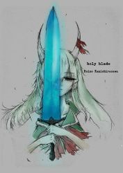 Rule 34 | 1girl, artist request, bloodborne, character name, commentary, covering one eye, dress, english commentary, ex-keine, expressionless, eyes visible through hair, from software, glowing, glowing weapon, greatsword, green dress, green hair, grey background, hair between eyes, hair tie, half-closed eye, holding, holding sword, holding weapon, horn ornament, horn ribbon, horns, kamishirasawa keine, light particles, long hair, looking at viewer, moonlight greatsword, multicolored hair, puffy short sleeves, puffy sleeves, red eyes, red neckwear, red ribbon, ribbon, short sleeves, solo, sword, the old hunters, torn ribbon, touhou, two-tone hair, weapon, weapon name, white hair, white sleeves