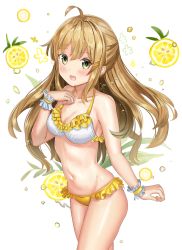 Rule 34 | 1girl, :d, ahoge, ame sagari, bad id, bad pixiv id, bare arms, bare shoulders, bikini, blush, breasts, brown hair, bubble, cleavage, collarbone, commentary, cowboy shot, food, frilled bikini, frilled cuffs, frills, fruit, green eyes, groin, hair ornament, hairclip, half updo, hand up, highres, leaf, lemon, lemon slice, long hair, looking at viewer, medium breasts, navel, open mouth, original, sidelocks, smile, solo, standing, stomach, swimsuit, white background, wrist cuffs, yellow bikini