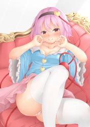 Rule 34 | 1girl, absurdres, ass, black hairband, blouse, blue shirt, blush, breasts, buttons, cleavage, collarbone, frilled sleeves, frills, hair between eyes, hair ornament, hairband, hands up, heart, heart button, heart hair ornament, highres, komeiji satori, leg up, legs, looking at viewer, panties, pink hair, pink skirt, red eyes, shirt, short hair, sitting, skirt, sleeves pushed up, small breasts, smile, solo, sonia (fetusdream), thighhighs, thighs, third eye, touhou, underwear, upskirt, wedgie, white panties, white thighhighs, wide sleeves