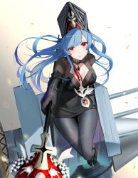 Rule 34 | 1girl, asymmetrical gloves, azur lane, black dress, black footwear, black gloves, black hat, blue hair, bodystocking, breasts, cleavage, cleavage cutout, clothing cutout, crosier, dress, from above, full body, gloves, hat, long hair, looking at viewer, looking up, m/, marco polo (azur lane), medium breasts, microdress, mismatched gloves, pantyhose, qing wu, red eyes, scepter, simple background, smile, solo, turret