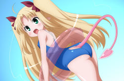 Rule 34 | 1girl, astarotte ygvar, blush, fang, game cg, gradient background, green eyes, lotte no omocha!, open mouth, pointy ears, solo, tail