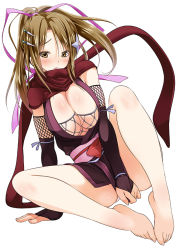 Rule 34 | 1girl, alric, barefoot, blush, breasts, bridal gauntlets, brown eyes, brown hair, cleavage, fishnets, full body, hair ornament, hair ribbon, japanese clothes, large breasts, legs, long hair, ninja, open mouth, original, ponytail, ribbon, scarf, shuriken, simple background, sitting, solo, spread legs, thighs, weapon, white background