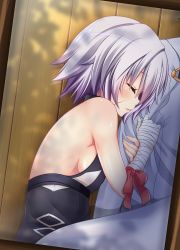 Rule 34 | 1boy, 1girl, bandages, bare shoulders, breasts, commentary request, closed eyes, fate/apocrypha, fate/grand order, fate (series), jack the ripper (fate/apocrypha), lying, medium breasts, on side, ribbon, scar, short hair, sideboob, silver hair, sleeping