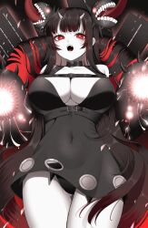 Rule 34 | 1girl, abyssal ship, atoll aircraft carrier anchorage princess, black dress, black hair, breasts, cleavage, colored skin, covered navel, dress, eyelashes, fangs, grey skin, highres, horns, kantai collection, large breasts, long hair, looking at viewer, open mouth, panties, red eyes, saliva, solo, teeth, tongue, underwear, very long hair, yomogi dango