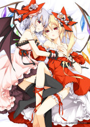 Rule 34 | 2girls, artist name, bare shoulders, black legwear, blonde hair, blue hair, blush, bow, bridal garter, detached sleeves, dress, female focus, flandre scarlet, hair bow, hair ribbon, hand on another&#039;s cheek, hand on another&#039;s face, highres, incest, lace, lace-trimmed legwear, lace trim, leg between thighs, leg ribbon, lips, lying, multiple girls, on back, on side, parted lips, pointy ears, red eyes, reina (black spider), remilia scarlet, ribbon, short hair, siblings, sisters, strap slip, thighhighs, touhou, wings, wrist cuffs, wrist ribbon, yuri
