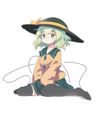 Rule 34 | 1girl, ar (maeus), black hat, black thighhighs, blouse, blush, bright pupils, buttons, closed mouth, diamond button, expressionless, frilled shirt collar, frilled sleeves, frills, full body, green eyes, green skirt, hat, hat ribbon, highres, komeiji koishi, light green hair, long sleeves, medium hair, no shoes, ribbon, shirt, simple background, skirt, slit pupils, solo, thighhighs, touhou, wavy hair, white background, wide sleeves, yellow ribbon, yellow shirt
