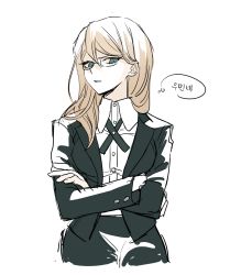 Rule 34 | 1girl, black jacket, black skirt, blonde hair, collared shirt, crossed arms, danganronpa: trigger happy havoc, danganronpa (series), genderswap, genderswap (mtf), glasses, gloves, green eyes, hair between eyes, highres, jacket, long hair, long sleeves, looking at viewer, neck ribbon, no (xpxz7347), open mouth, ribbon, shaded face, shirt, simple background, skirt, solo, thought bubble, togami byakuya, translation request, upper body, white background, white shirt