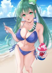 Rule 34 | 1girl, beach, bikini, blue bikini, blue sky, breasts, cleavage, cloud, commentary, erisauria, feet out of frame, food, frog hair ornament, green eyes, green hair, groin, hair ornament, hair tubes, highres, holding, holding spoon, horizon, kochiya sanae, large breasts, long hair, looking at viewer, navel, outdoors, shaved ice, sky, snake hair ornament, solo, spoon, swimsuit, tongue, tongue out, touhou
