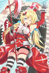 Rule 34 | 10s, 1girl, ;d, arm up, armor, armpits, axe, bakatesu59, belt, bike shorts, black gloves, blonde hair, blue eyes, boots, chain chronicle, detached sleeves, garter straps, gloves, hair ornament, hair ribbon, halberd, holster, low twintails, one eye closed, open mouth, original, pointy ears, polearm, ribbon, smile, solo focus, striped clothes, striped thighhighs, thigh holster, thighhighs, twintails, waving, weapon, wind, wind lift, wink