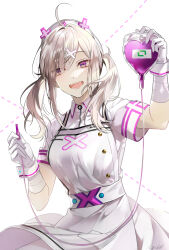 Rule 34 | 1girl, ahoge, apron, breasts, commentary request, cowboy shot, dress, gloves, grey hair, hair ornament, hair over one eye, hands up, hat, highres, holding, intravenous drip, long hair, looking at viewer, medium breasts, nijisanji, nurse, nurse cap, open mouth, purple eyes, re nantoka3, short sleeves, simple background, smile, solo, sukoya kana, teeth, two side up, virtual youtuber, white apron, white background, white dress, white gloves, x hair ornament