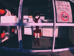 Rule 34 | 1girl, black sweater, boots, brown footwear, brown hair, closed mouth, commentary, daruma karei, day, full body, highres, indoors, jacket, laundromat, long sleeves, looking at viewer, no smoking, original, pink jacket, red eyes, short hair, solo, sweater, turtleneck, turtleneck sweater