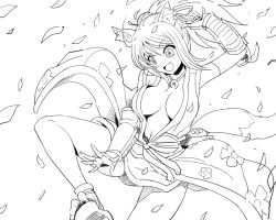 Rule 34 | 10s, 1girl, :d, animal ears, breasts, cleavage, dog days, fingerless gloves, fox ears, fox tail, gloves, greyscale, hair ribbon, hairu, jewelry, large breasts, monochrome, necklace, open mouth, ponytail, ribbon, smile, solo, tail, yukikaze panettone