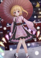 Rule 34 | 1girl, :o, alternate costume, arm up, blonde hair, blush, bow, breath, bridge, chestnut mouth, cloud, cloudy sky, collarbone, commentary request, crescent moon, cross-laced clothes, crystal, dot nose, flandre scarlet, flat chest, floral print, frilled sleeves, frills, highres, holding, holding umbrella, japanese clothes, kimono, lamppost, long sleeves, looking at viewer, moon, multicolored wings, night, no headwear, obi, oil-paper umbrella, one side up, open mouth, pink kimono, pointy ears, red bow, red eyes, red ribbon, reflection, remitei03, ribbon, sandals, sash, short hair, short kimono, side ponytail, sky, snow, snowing, socks, solo, standing, touhou, umbrella, water, white socks, wide sleeves, wings, zouri