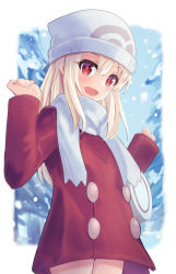 Rule 34 | 1girl, beanie, blush, breasts, buttons, cosplay, creatures (company), dawn (pokemon), dawn (pokemon) (cosplay), fate/kaleid liner prisma illya, fate (series), game freak, hair between eyes, hat, illyasviel von einzbern, jacket, long hair, long sleeves, looking at viewer, nintendo, open mouth, pan korokorosuke, pokemon, pokemon dppt, pokemon platinum, red eyes, red jacket, scarf, sidelocks, small breasts, smile, solo, white hair, white hat, white scarf