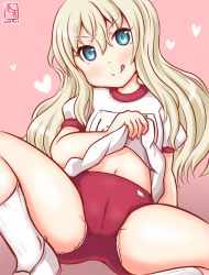 Rule 34 | 1girl, :d, alternate costume, artist logo, ass, blonde hair, buruma, cameltoe, cleft of venus, clothes lift, commentary request, dated, grecale (kancolle), green eyes, gym shirt, gym uniform, hair between eyes, heart, kanon (kurogane knights), kantai collection, lifted by self, long hair, looking at viewer, name tag, one-hour drawing challenge, open mouth, panties, panties under buruma, pink background, red buruma, shirt, shirt lift, shoes, short sleeves, sitting, smile, sneakers, socks, solo, t-shirt, tongue, tongue out, underwear, wavy hair, white shirt, white socks