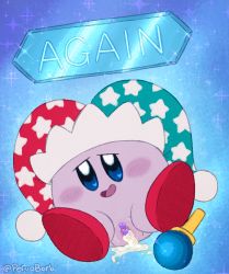 Rule 34 | 1girl, aftersex, alternate skin color, artist name, blue background, blue eyes, blush, censored, copy ability, cum, cum in pussy, english text, female focus, green hat, happy, hat, heart, heart-shaped pupils, heart censor, jester cap, kirby, kirby (series), looking at viewer, nintendo, no humans, open mouth, patterned clothing, pervoborb, pointless censoring, pom pom (clothes), presenting, pussy, red hat, smile, solo, sparkle, spread legs, spread pussy, star (symbol), symbol-shaped pupils, tareme, wand