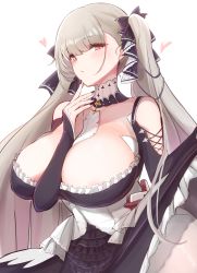 Rule 34 | 10eki (tenchou), 1girl, absurdres, azur lane, bare shoulders, between breasts, black dress, black nails, blush, breasts, cleavage, cowboy shot, dress, earrings, formidable (azur lane), frilled dress, frills, grey hair, hair ornament, hair ribbon, half-closed eyes, hand up, heart, highres, jewelry, large breasts, long hair, long sleeves, looking at viewer, nail polish, red eyes, ribbon, simple background, solo, twintails, white background