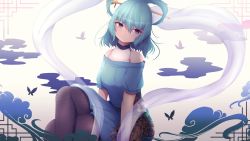 Rule 34 | 1girl, :o, bare shoulders, blue dress, blue eyes, blue hair, breasts, bug, butterfly, cloud, commentary request, covered navel, crossed legs, darumoon, dress, feet out of frame, flower, hagoromo, hair between eyes, hair ornament, hair rings, hair stick, highres, insect, kaku seiga, large breasts, looking at viewer, looking to the side, off shoulder, pantyhose, puffy short sleeves, puffy sleeves, shawl, short hair, short sleeves, simple background, sitting, solo, touhou, white flower