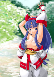 Rule 34 | 1girl, armpits, bow, breasts, breasts out, haganemaru kennosuke, japanese clothes, nakoruru, nipples, open clothes, open shirt, red bow, samurai spirits, shirt, small breasts, solo, topless, traditional clothes, water