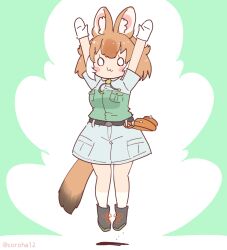 Rule 34 | 1girl, animal ears, blush, brown hair, captain (kemono friends), captain (kemono friends) (cosplay), coroha, cosplay, dhole (kemono friends), dog ears, dog girl, dog tail, extra ears, gloves, jacket, jumping, kemono friends, kemono friends 3, multicolored hair, o o, official alternate costume, safari jacket, shirt, short hair, smile, solo, tail, two-tone hair, two-tone sweater, white hair