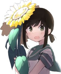 Rule 34 | 1girl, absurdres, black hair, blush, flower, fubuki (kancolle), green eyes, green sailor collar, highres, kantai collection, looking at viewer, ma rukan, open mouth, sailor collar, school uniform, serafuku, short hair, short ponytail, short sleeves, signature, simple background, smile, solo, sunflower, upper body, white background