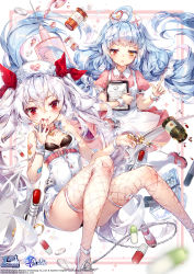 Rule 34 | 2girls, absurdly long hair, azur lane, bandaid, bandaid on arm, blue hair, bow, breasts, chain, choker, feet out of frame, fishnet legwear, fishnets, garter straps, grey wings, hat, hat ornament, heart collar, heterochromia, hieihirai, highres, holding, holding syringe, large syringe, long hair, metal wings, multiple girls, nicholas (azur lane), nicholas (nurse nicholas) (azur lane), nurse, nurse cap, oversized object, pill, red bow, red choker, small breasts, syringe, vampire, vampire (azur lane), vampire (little devil in white) (azur lane), very long hair, white hair, white headwear, wings