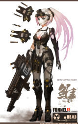 Rule 34 | 1girl, absurdres, armor, armored boots, artist name, assault rifle, black soldier, blush, bodysuit, boots, breasts, cable, cleavage, closed mouth, covered navel, elbow gloves, full body, gloves, grey eyes, gun, head-mounted display, high heel boots, high heels, highres, knee boots, legs apart, letterboxed, long hair, medium breasts, original, ponytail, rifle, shoulder pads, solo, standing, strap, thigh strap, visor, weapon